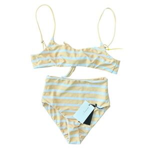 FAITHFULL THE BRAND Camila Bikini‎ Set Mazur Stripe Lemon XS High Waist Beach